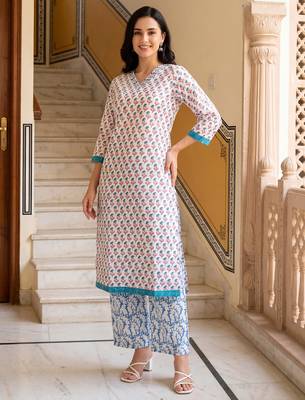 Blue printed pure cotton kurta trouser set 1