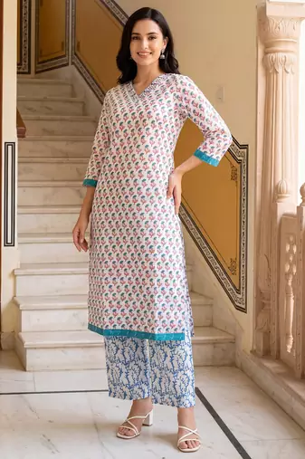 Blue printed pure cotton kurta trouser set