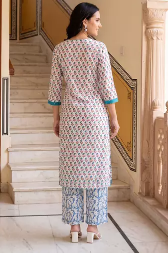 Blue printed pure cotton kurta trouser set