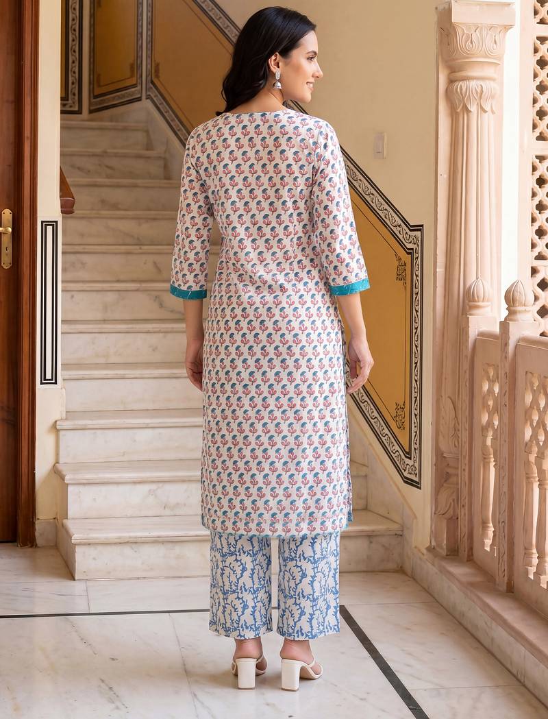 Blue printed pure cotton kurta trouser set