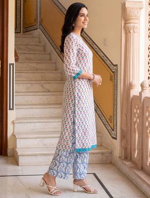 Blue printed pure cotton kurta trouser set 4