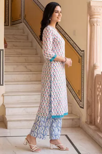 Blue printed pure cotton kurta trouser set