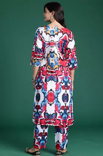 White printed pure cotton kurta trouser set