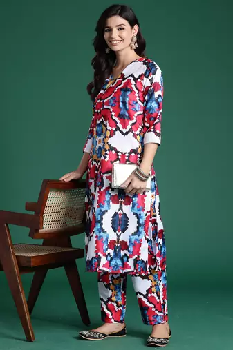 White printed pure cotton kurta trouser set