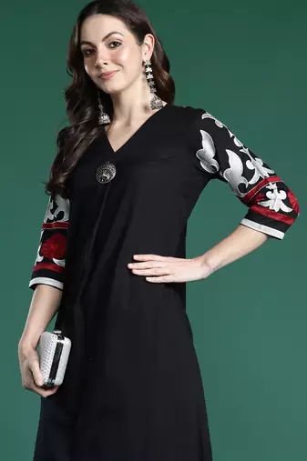 Black embroidered pure cotton kurta trouser set