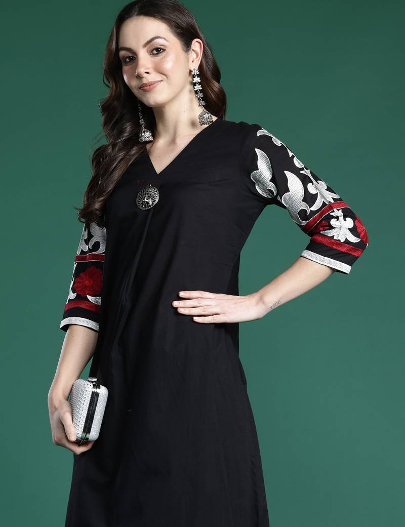 Black embroidered pure cotton kurta trouser set