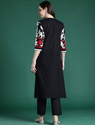 Black embroidered pure cotton kurta trouser set 2