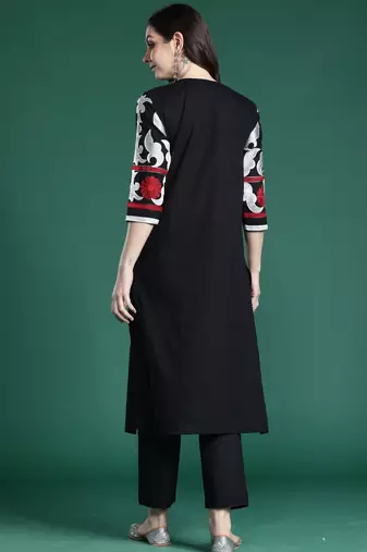 Black embroidered pure cotton kurta trouser set