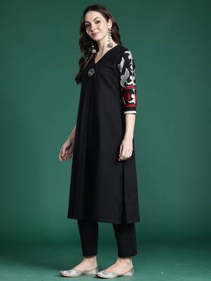 Black embroidered pure cotton kurta trouser set 3