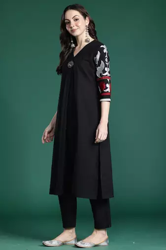 Black embroidered pure cotton kurta trouser set
