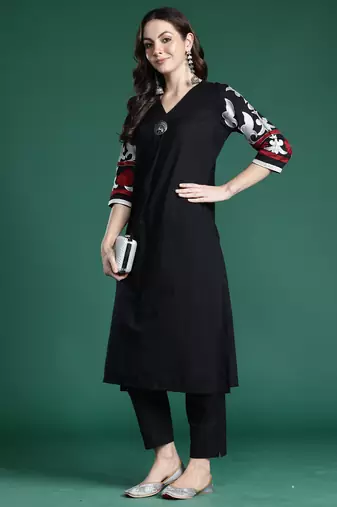 Black embroidered pure cotton kurta trouser set