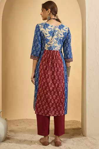 Multicolor printed pure cotton kurta trouser set