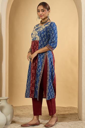 Multicolor printed pure cotton kurta trouser set