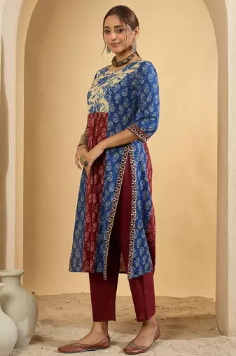 Multicolor printed pure cotton kurta trouser set