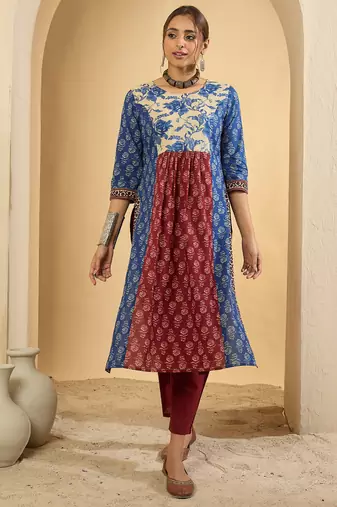 Multicolor printed pure cotton kurta trouser set