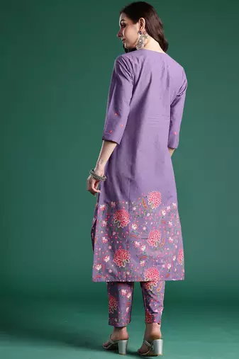 Lavender printed pure cotton kurta trouser set