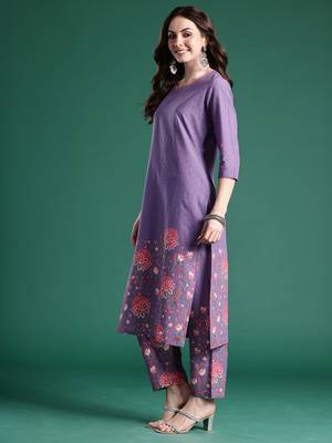 Lavender printed pure cotton kurta trouser set 4