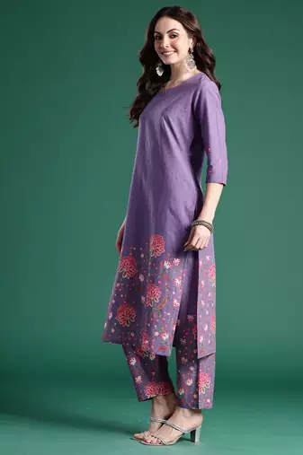 Lavender printed pure cotton kurta trouser set