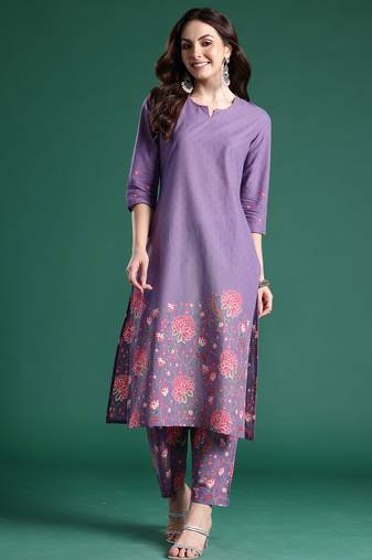 Lavender printed pure cotton kurta trouser set