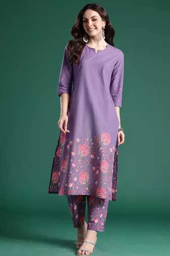 Lavender printed pure cotton kurta trouser set