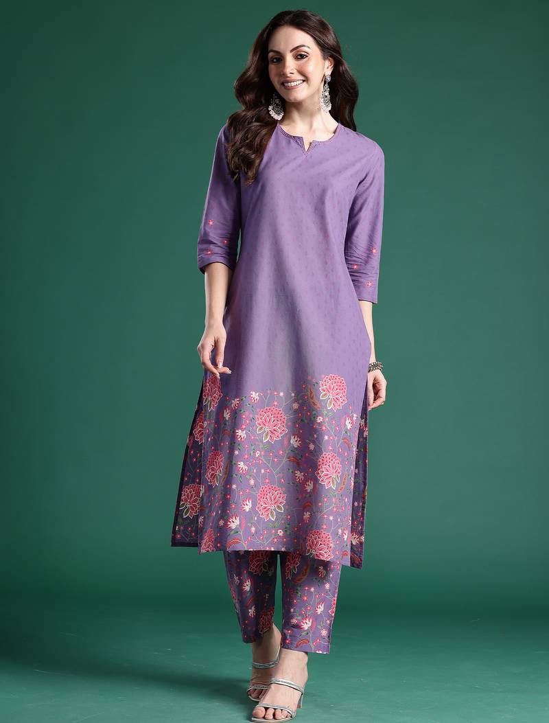 Lavender printed pure cotton kurta trouser set