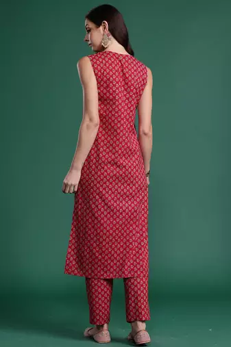 Maroon printed pure cotton kurta trouser set