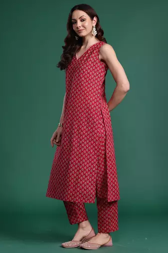 Maroon printed pure cotton kurta trouser set