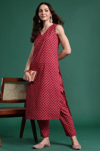 Maroon printed pure cotton kurta trouser set