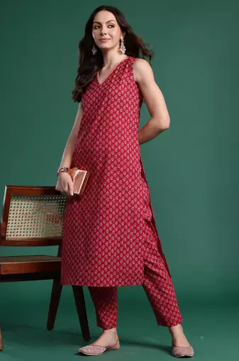 Maroon printed pure cotton kurta trouser set