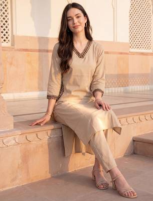 Beige printed pure cotton kurta trouser set 1
