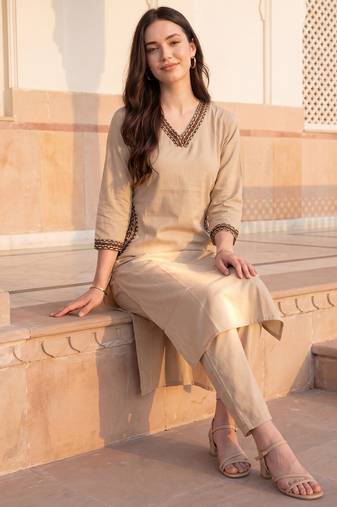 Beige printed pure cotton kurta trouser set