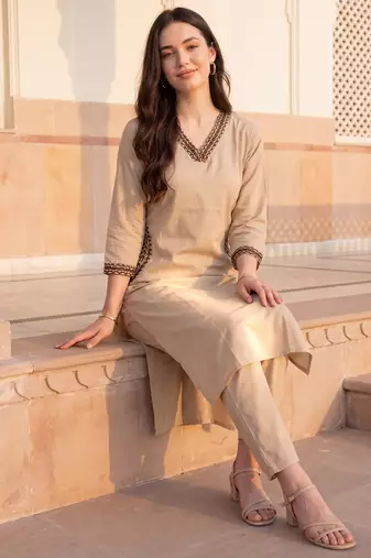 Beige printed pure cotton kurta trouser set