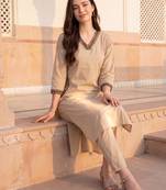 Beige printed pure cotton kurta trouser set