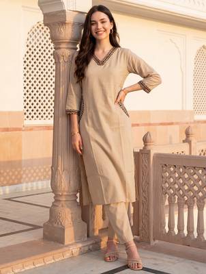 Beige printed pure cotton kurta trouser set 2