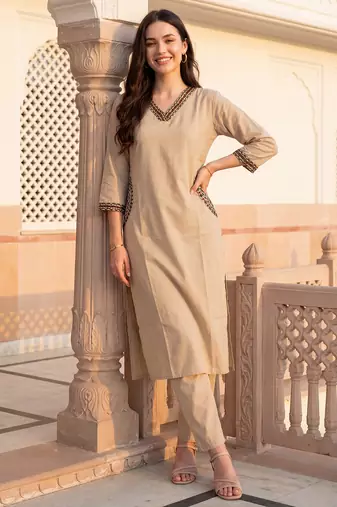Beige printed pure cotton kurta trouser set