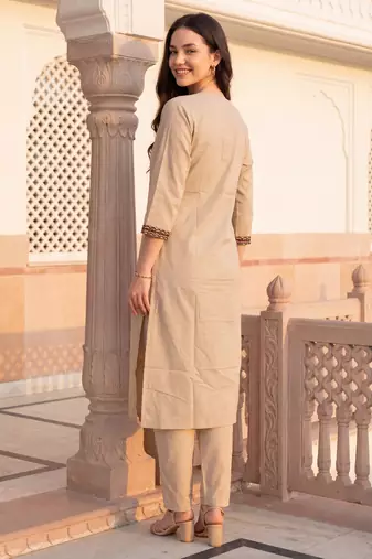 Beige printed pure cotton kurta trouser set