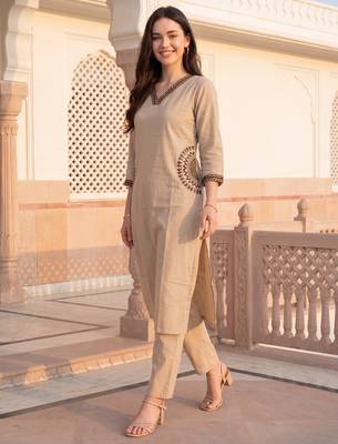 Beige printed pure cotton kurta trouser set 4