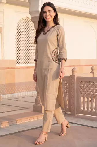Beige printed pure cotton kurta trouser set