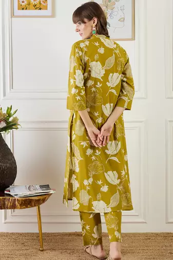 Mustard printed pure cotton kurta trouser set