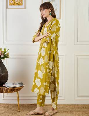 Mustard printed pure cotton kurta trouser set 4
