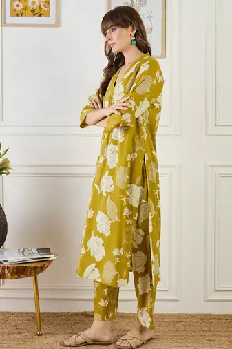 Mustard printed pure cotton kurta trouser set