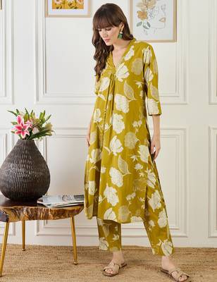 Mustard printed pure cotton kurta trouser set 1