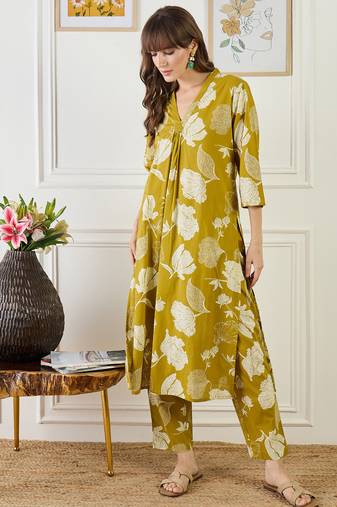 Mustard printed pure cotton kurta trouser set