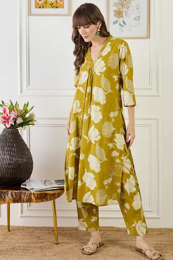 Mustard printed pure cotton kurta trouser set