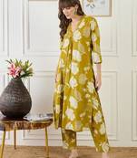 Mustard printed pure cotton kurta trouser set