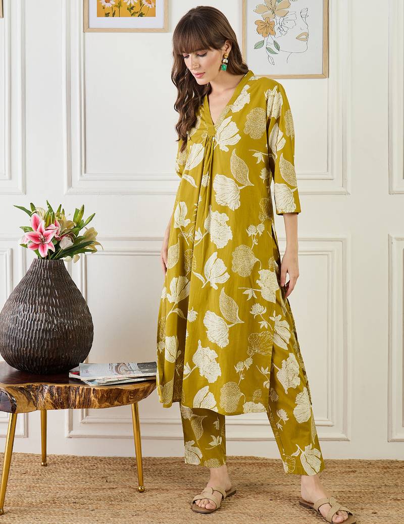 Mustard printed pure cotton kurta trouser set