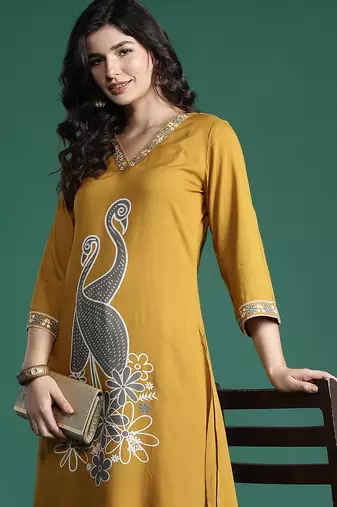 Mustard embroidered viscose rayon kurta trouser set