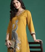 Mustard embroidered viscose rayon kurta trouser set