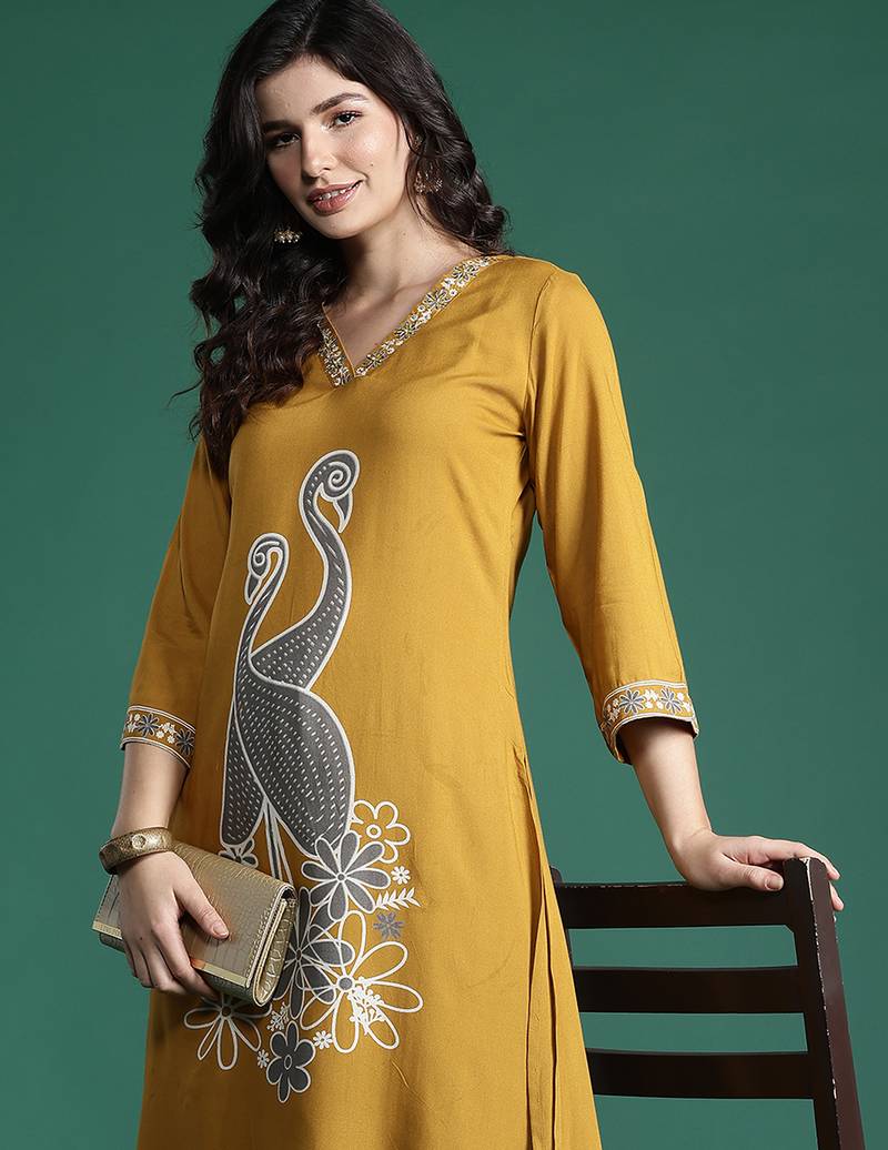 Mustard embroidered viscose rayon kurta trouser set