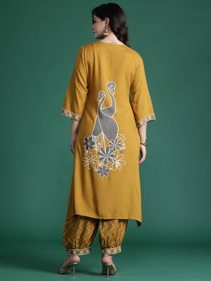 Mustard embroidered viscose rayon kurta trouser set 2